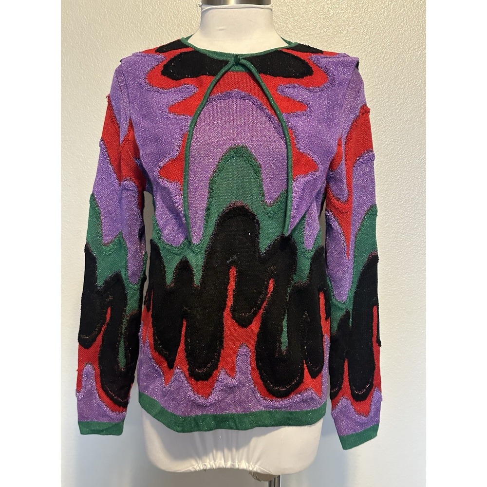 UTERQUE‎ Multicolor Geometric Knit Shimmer Collar Removable Holiday Sweater sz.M